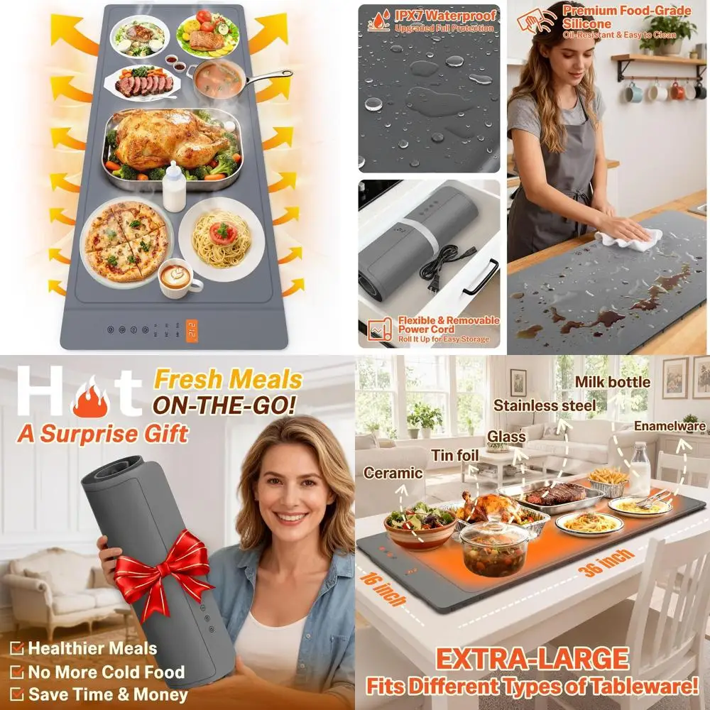

Очень большой портативный коврик для подогрева пищевых продуктов 36x16 с 6 настройками температуры, 8-часовым таймером и водонепроницаемой силиконовой поверхностью IPX7.