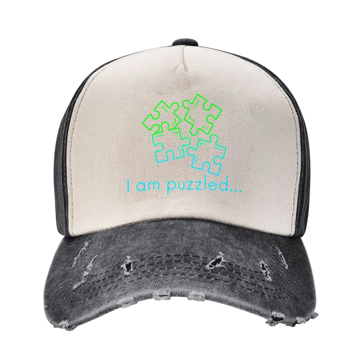 I am puzzled, funny jigsaw-puzzle pun in an ombre effect Baseball Cap Mountaineering Icon Anime funny hat Golf Men Women's