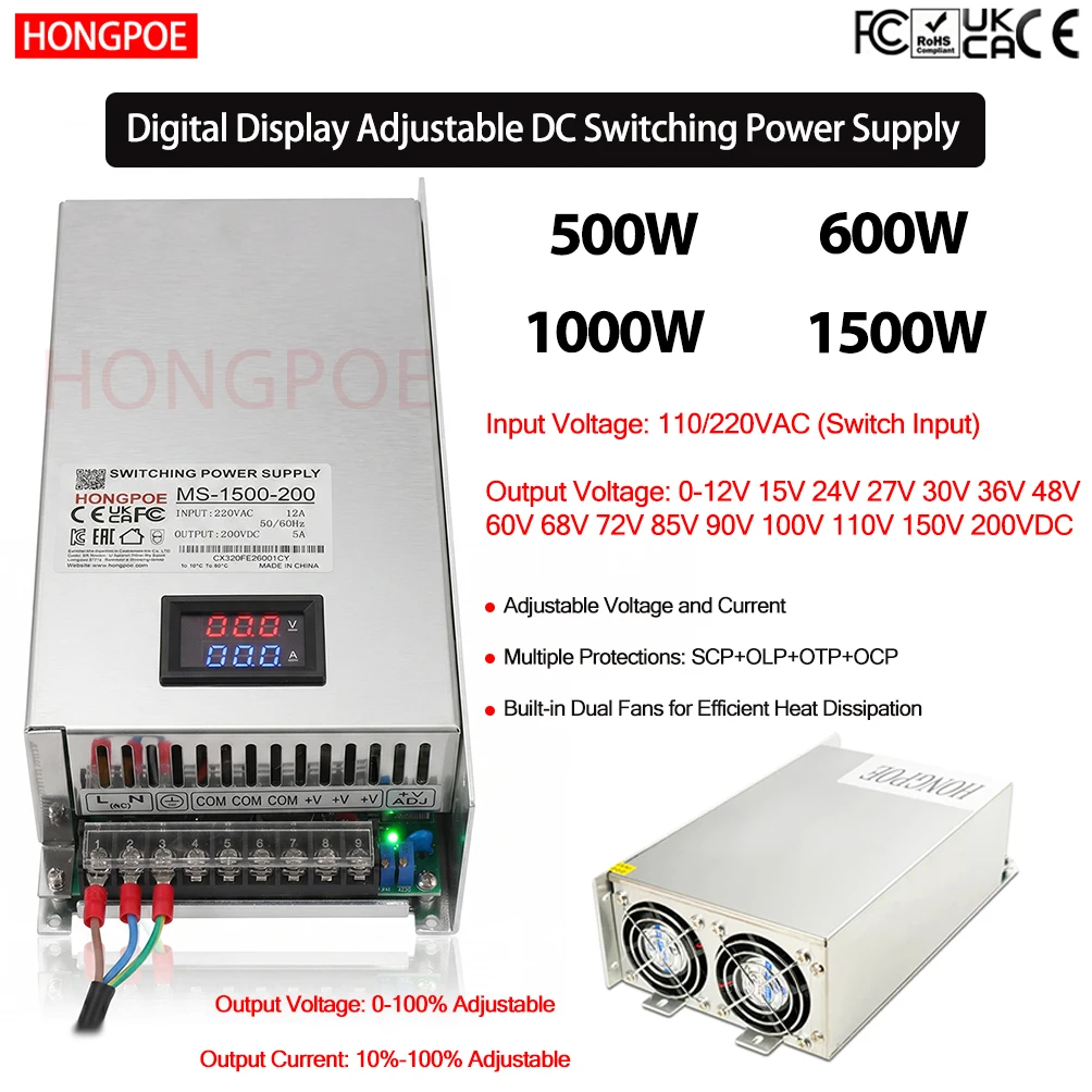 

CE LEDdigital display 500/600/1000/1500W SMPS 0-200VDC adjustable voltage/current 110-220V input for CCTV and 3D printers Moteur