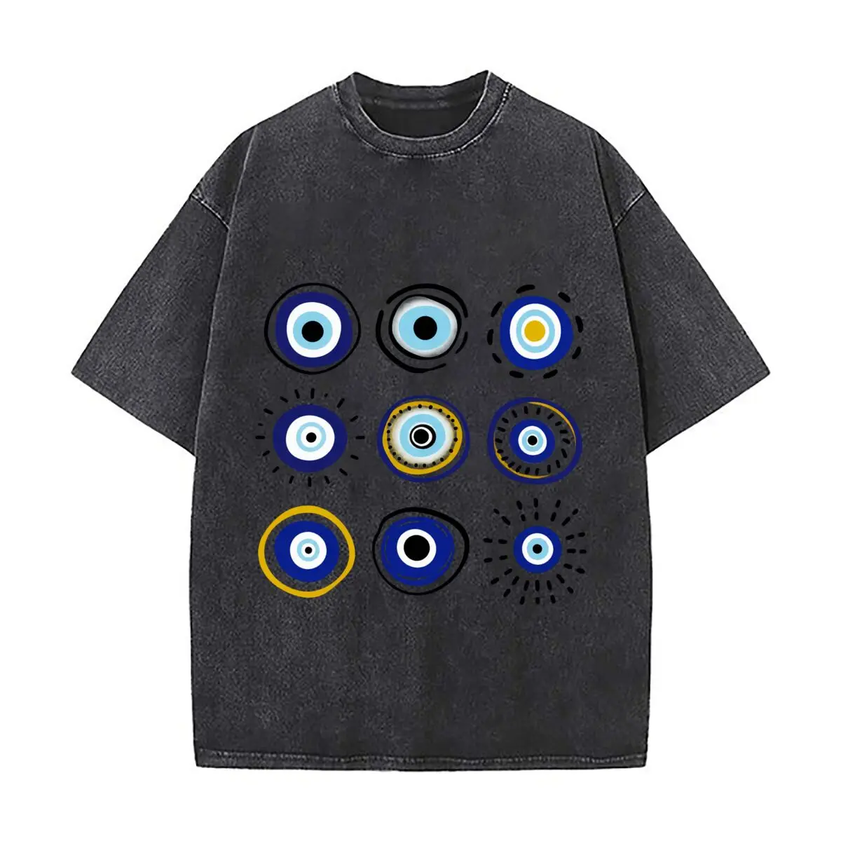 Boho Turkish Evil Eye Circle Pattern Washed Short Sleeve Loose Streetwear Tee Hip Hop