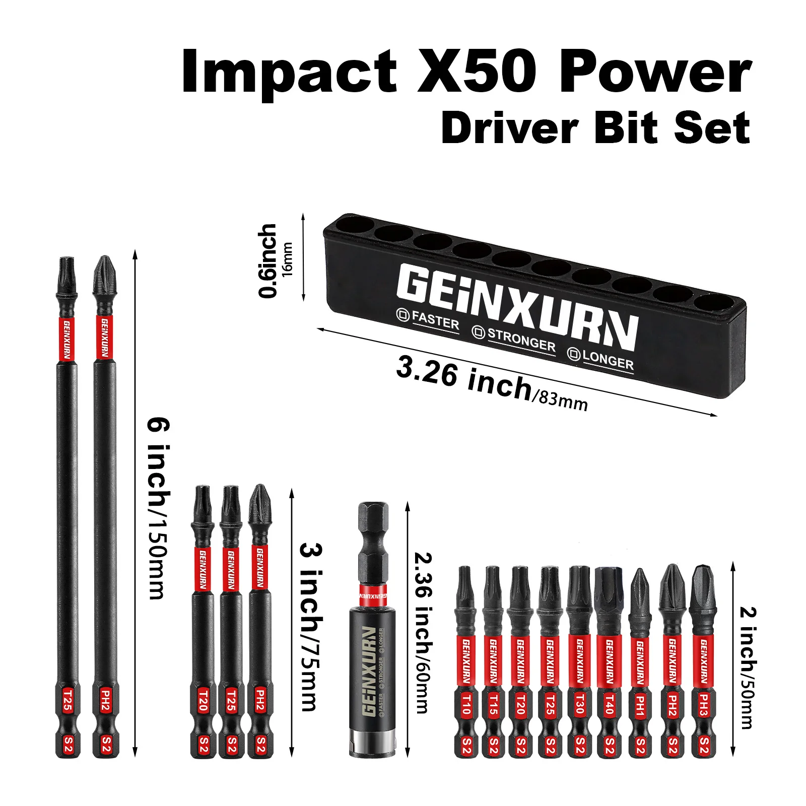 Geinxurn Mixed  2\'\'/3\'\'/6\'\' Impact Tough Screwdriver Power Bit Set ,S2 Alloy Steel Bit with 2.36\'\'Bit Holder and Storage Organiz