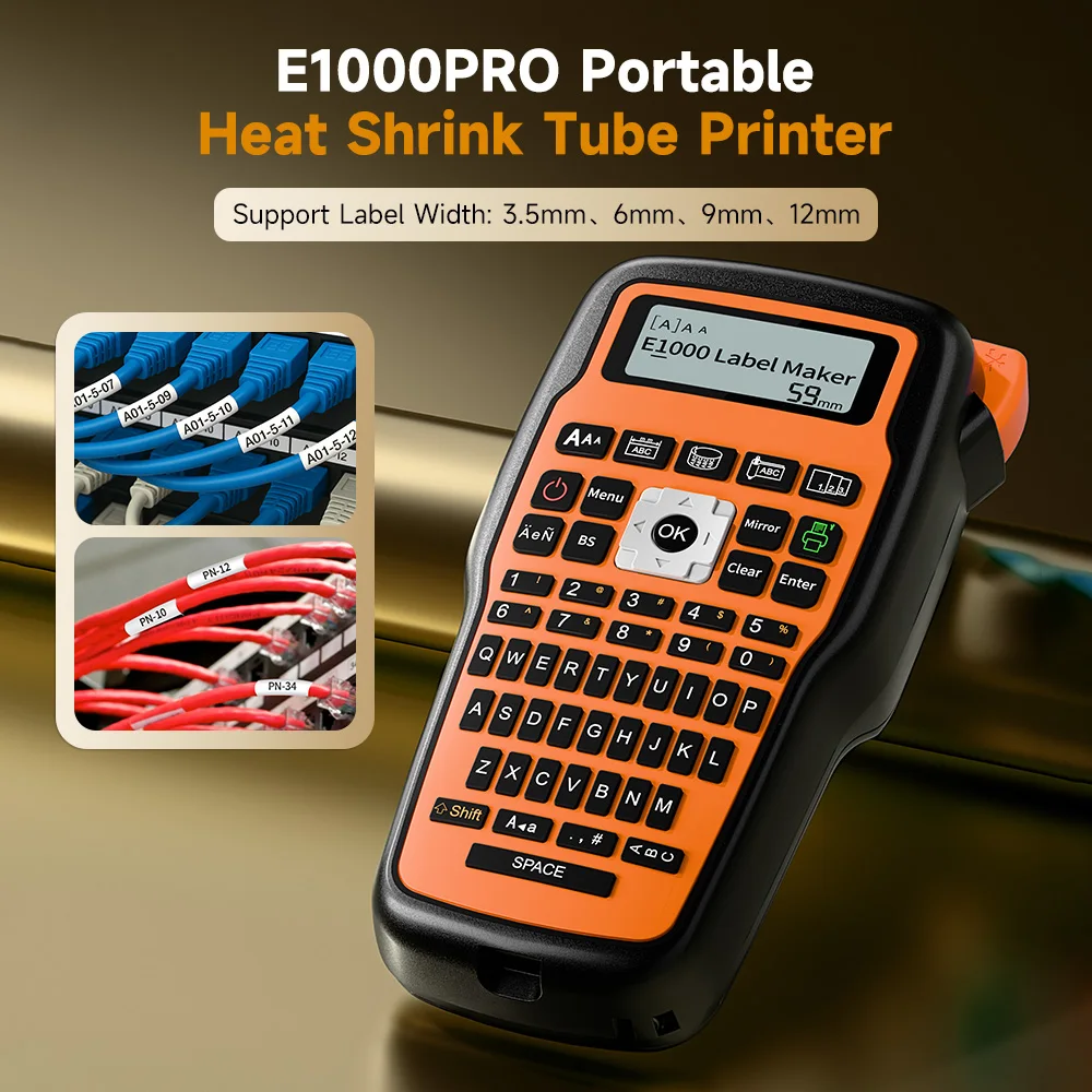 E1000 PRO Portable Heat Shrink Tube Label Printer Industrial Label Printer Compatible Brother HSE-231 HSE-631 for Marking Cables