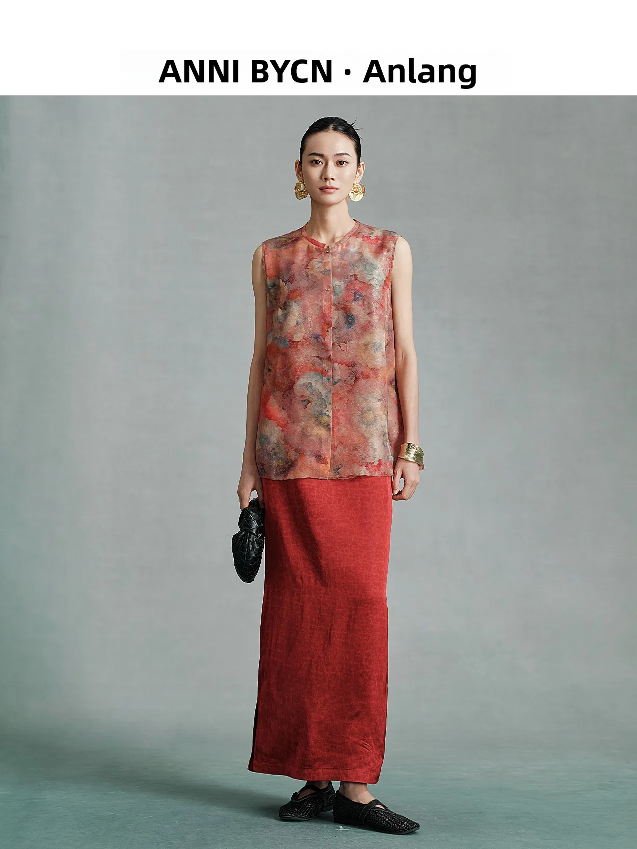 Annibycn New Chinese Style Smooth Silk Half Skirt Women's Spring Autumn High Waist Straight Cut Slit Bodycon Skirt