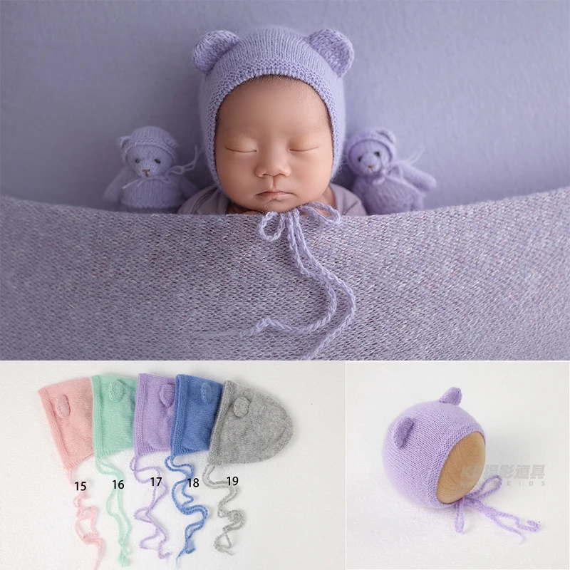 Newborn Knit Pom-pom Hat + Bear Doll 2pcs/set Photography Props Handmade Teddy Bear Stuffer Toy Baby Boy Girl Elastic Warm Hat