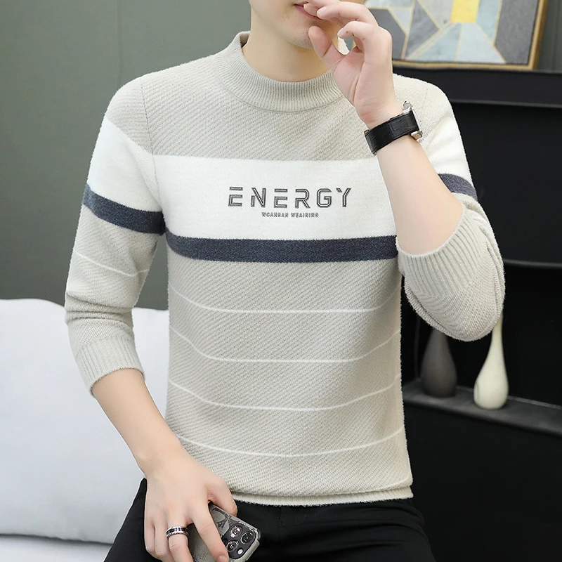 

Мужской утепленный вязаный свитер с высоким воротником, осенне-зимний, модный, повседневный, с цветными блоками, трикотажное изделие, внутренняя одежда