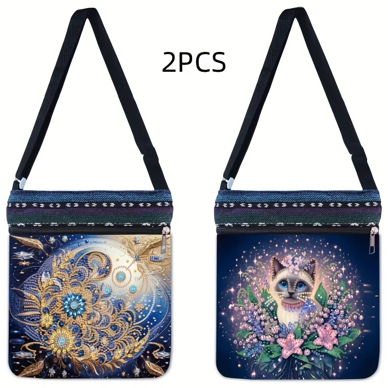2-Piece Diamond Painting kit Messenger bag for cats, flower Pattern canvas Material suitable for Traveling, Personal use or gift