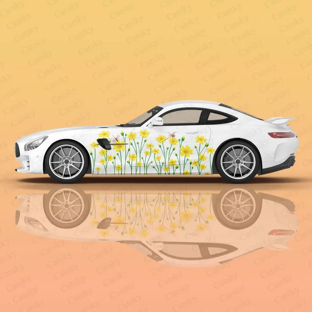 Yellow Chrysanthemum Racing Car Graphic Decal Full Body Vinyl Wrap Modern Design Vector Image Wrap Sticker Decorative Car Decal