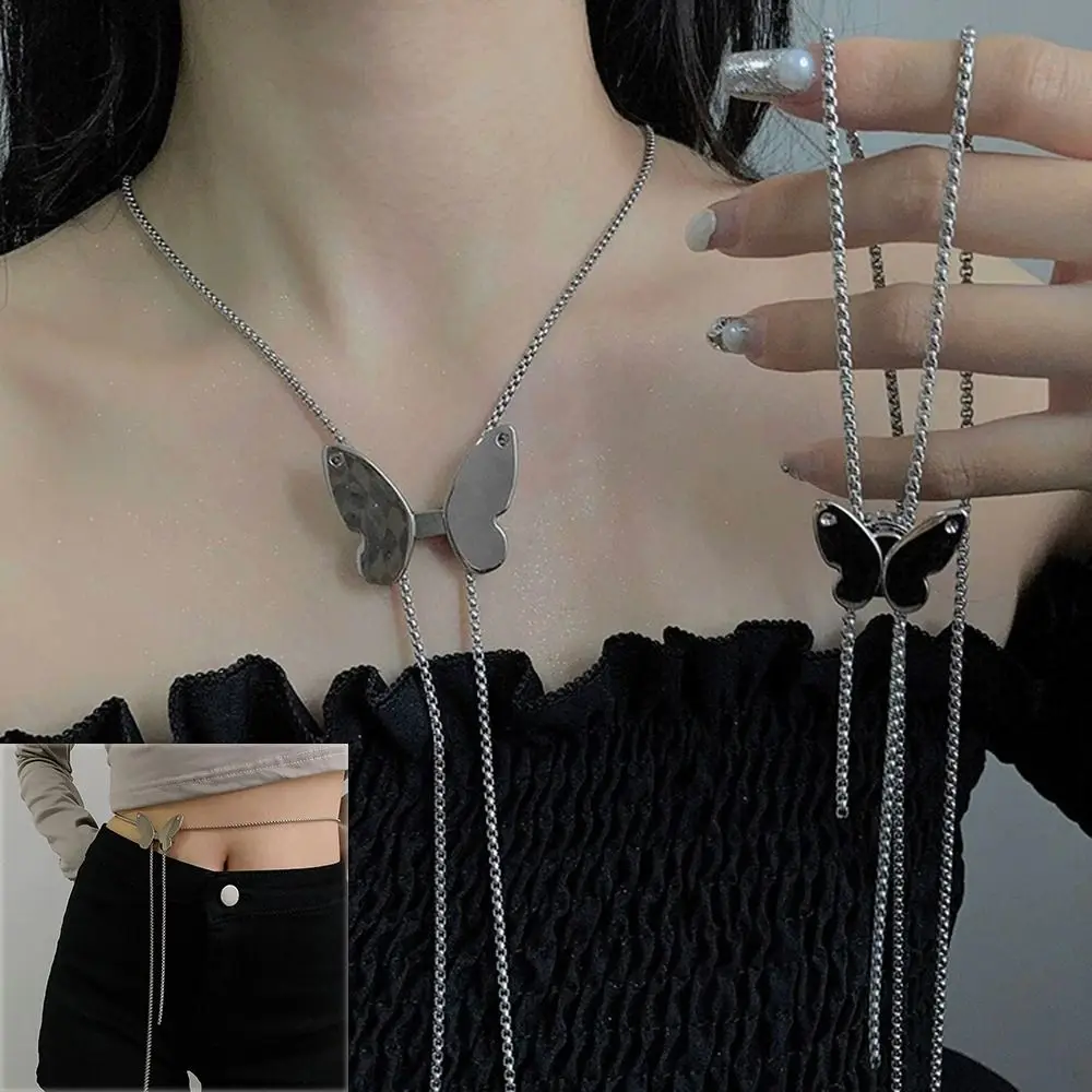 Verstellbare Taillen kette neue Schmetterling Blume Silber Metall Halskette einfach 2 in 1 dünnen Gürtel Frauen