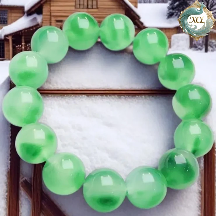 

Браслет из бисера из ледяного жадеита | Большие бусины с плавающим зеленым, ледяным прозрачным и влажным, двустороннее мастерство.