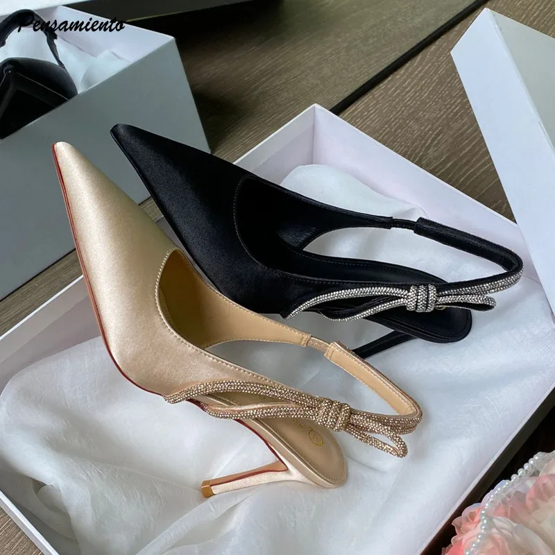 

Spring Summer Fashion Rhinestones Satin Women Pumps Elegant Pointed toe Slingbacks Office Lady Stiletto High heels Party Shoes