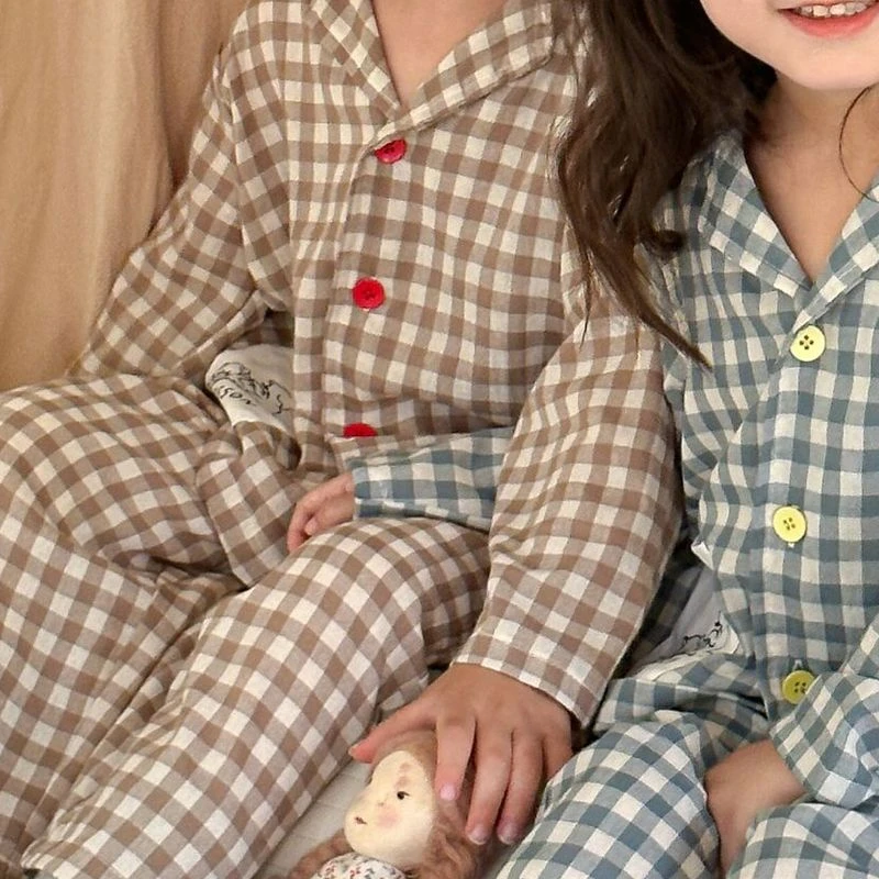 Boys girl pajamas home clothes pure cotton plaid 2024 new autumn long sleeved set comfortable trendy