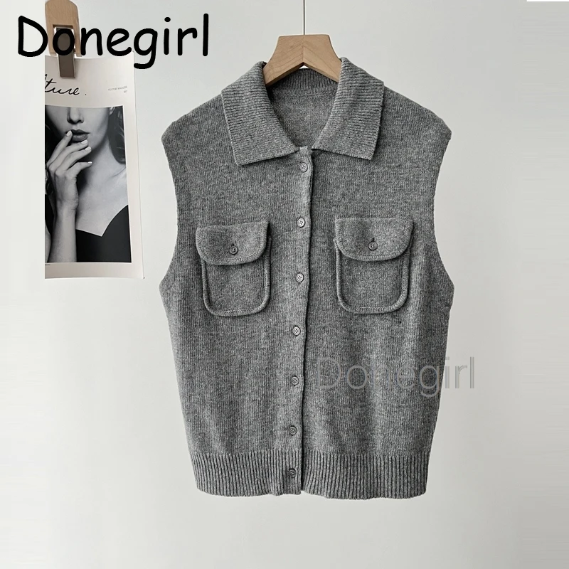 Donegirl 2024 Woman Fashion Knitted Vest Sweater Casual Slim Sleeveless Gray Cardigan Outwear Autumn