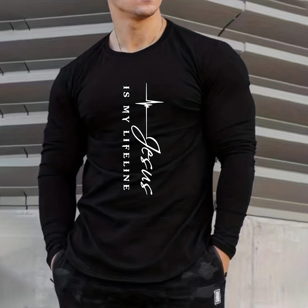 Camiseta com padrão de letra cruzada masculina, casual com decote em O, camiseta de manga comprida, tops soltos de algodão, roupas masculinas, moda