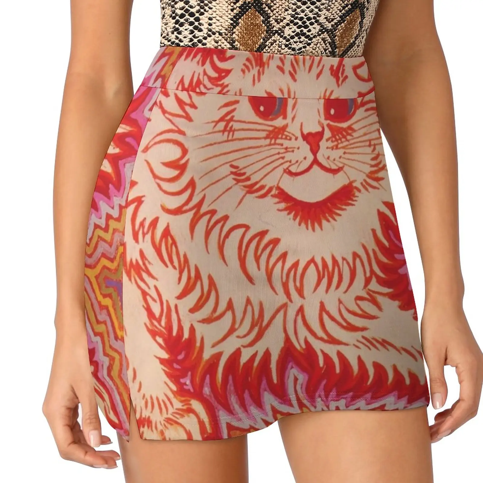 

Louis Wain Orange Psychadelic Cat Women's skirt With Hide Pocket Tennis Skirt Golf Skirts Badminton Skirts Running skirts Cat