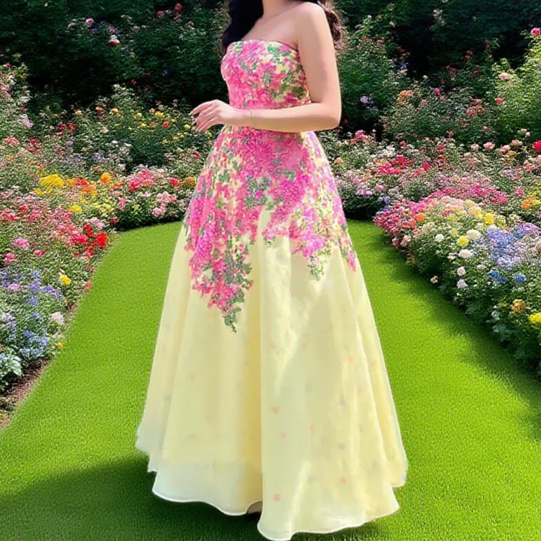 

A-line Evening Dresses Women Yellow Floral Lace Strapless Corset Backless Prom Dresses Formal Party Dresses Customized 2025