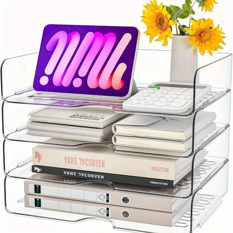 Paper Organizer Letter Tray, 4 Pack Stackable Desk File Organizer, Clear File Organizer for Desk,Office Organizer for File Paper