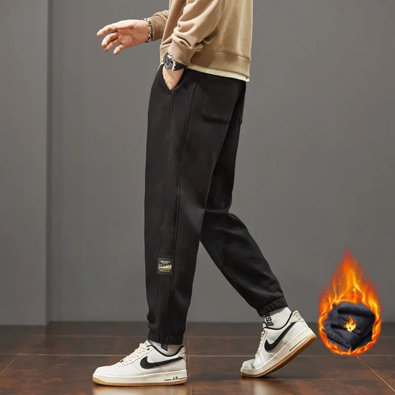2024 Winter Style Fleece Leggings Sweatpants Men's Trendy Brand Loose Thickened Warm Sports Casual Pants Black Dark Gray