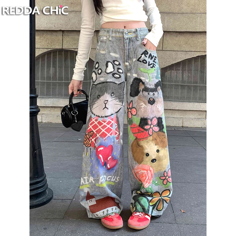 ReddaChic Cute Animal Pattern Women Jeans Low Waist Graffiti Pockets Light Wash Loose Wide Leg Denim Pants Y2k Retro Streetwear