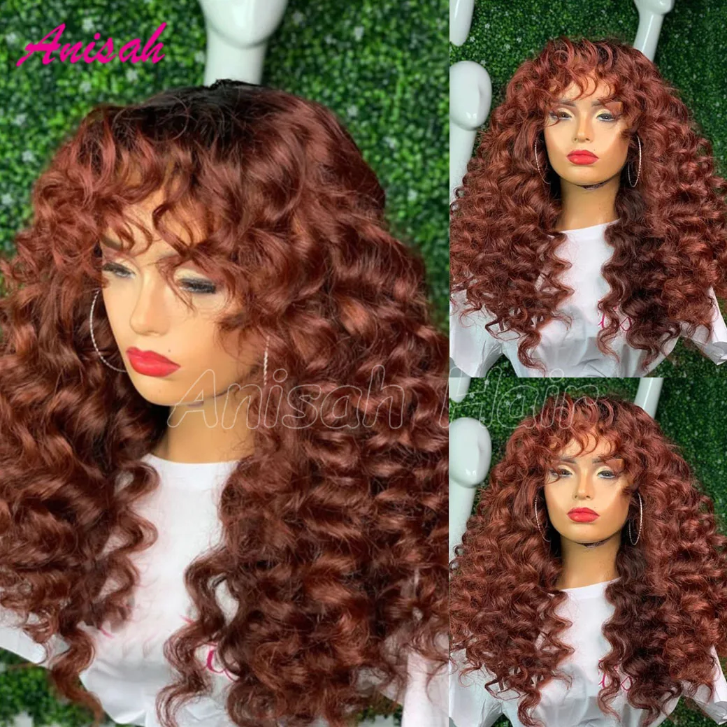 

200 Density Brazilian Hair Lace Closure Glueless Wig Curly Human Hair Wigs with Bangs Colored Deep Curly Curly Lace Front Wig