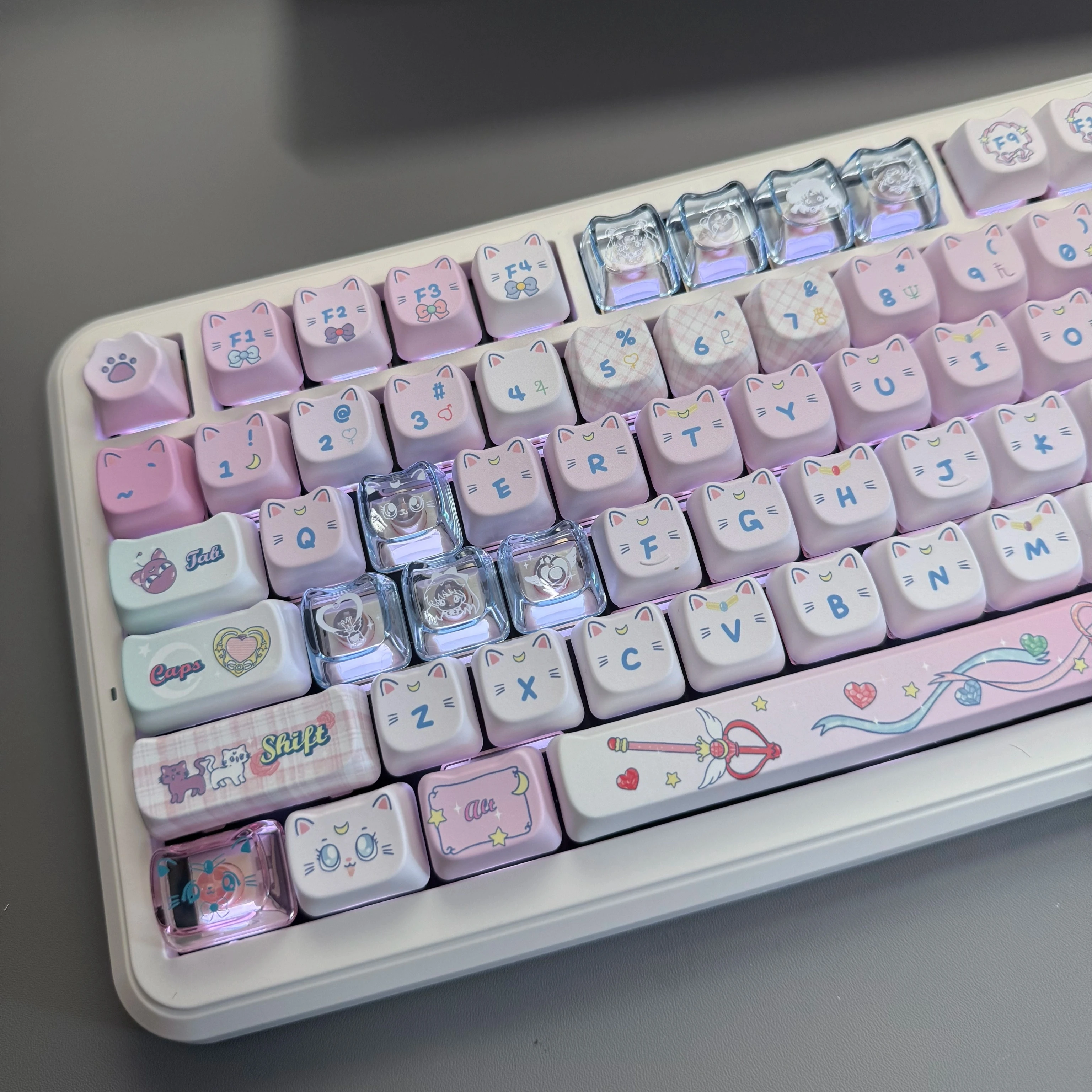Kawaii Pretty Girl Keycaps Set Cherry/MAO Profile PBT Translucent Key Caps for MX Switches Alice ISO Gaming Mechanical Keyboards