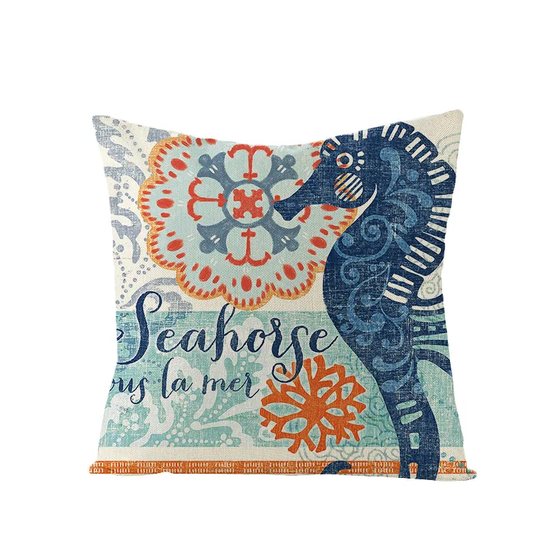 Ocean Theme Square Pillow Case Mediterranean Style Decorative Cotton Linen Cushion Cover 18x18 Inch Art Deco Throw Pillow Covers