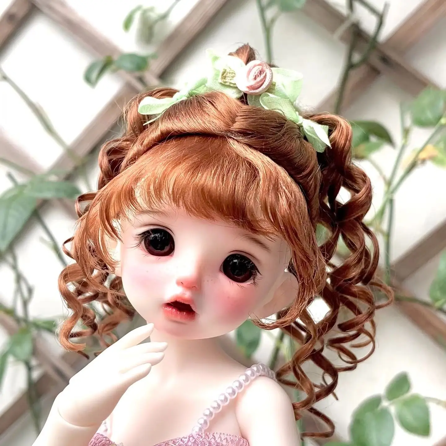 

1/6 BJD Doll Hair Doll Gift Silk Bow With Small Rose Accessory, Caramel Brown Mohair Wig 1 Piece