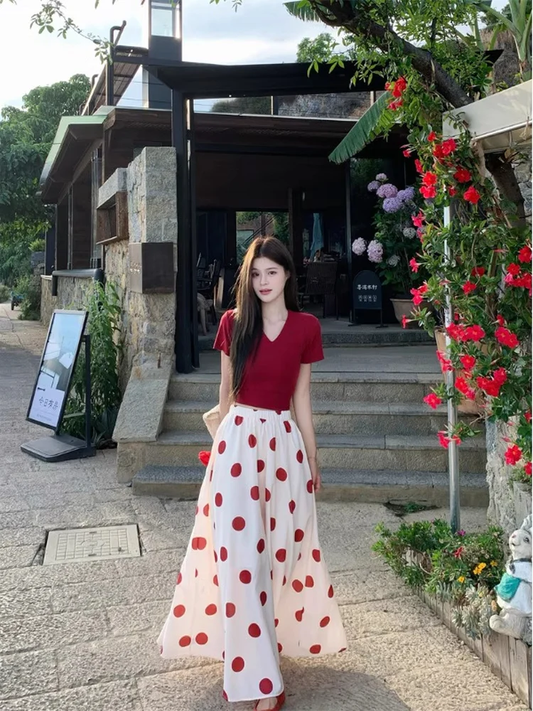 Summer Vintage Short Sleeve Red Top Women's Design Polka Dot High Waist  Skirt Two Piece Set Slimming Effect Quality Fashion