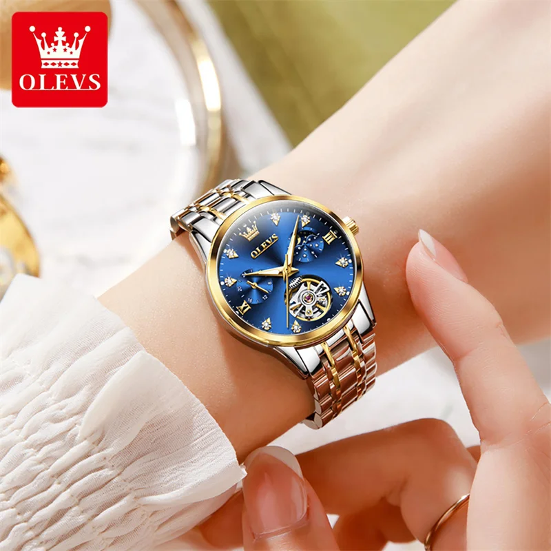 OLEVS Fashion Moon Phase Tourbillon Women Watch Luxury Brand Stainless Steel Automatic Mechanical Watch Waterproof Reloj Mujer