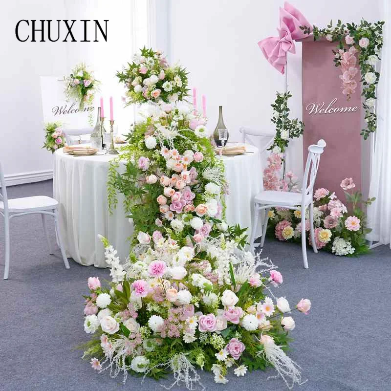 White Pink Rose Greenery Sofa Runner Floral Arrangement Decor Wedding Backdrop Aisle Flower Welcome Sign Event Party Props C8857