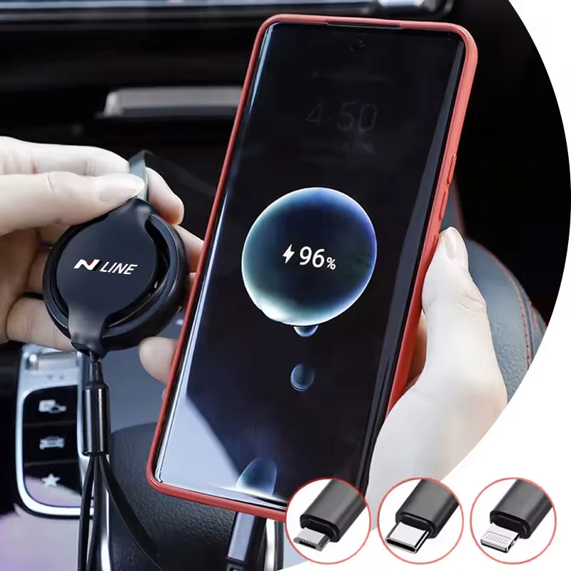 For Hyundai N Line Tucson I30 Santafe Accent Kona Elantra Ioniq  Car 3 In 1 Retractable Micro Data Wire USB Type C Fast Charging