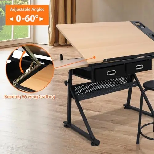Drafting Table Art Desk with 2 Storage Drawers, Height Adjustable Drawing Table for Painters, Working, Writing, Home view 4
