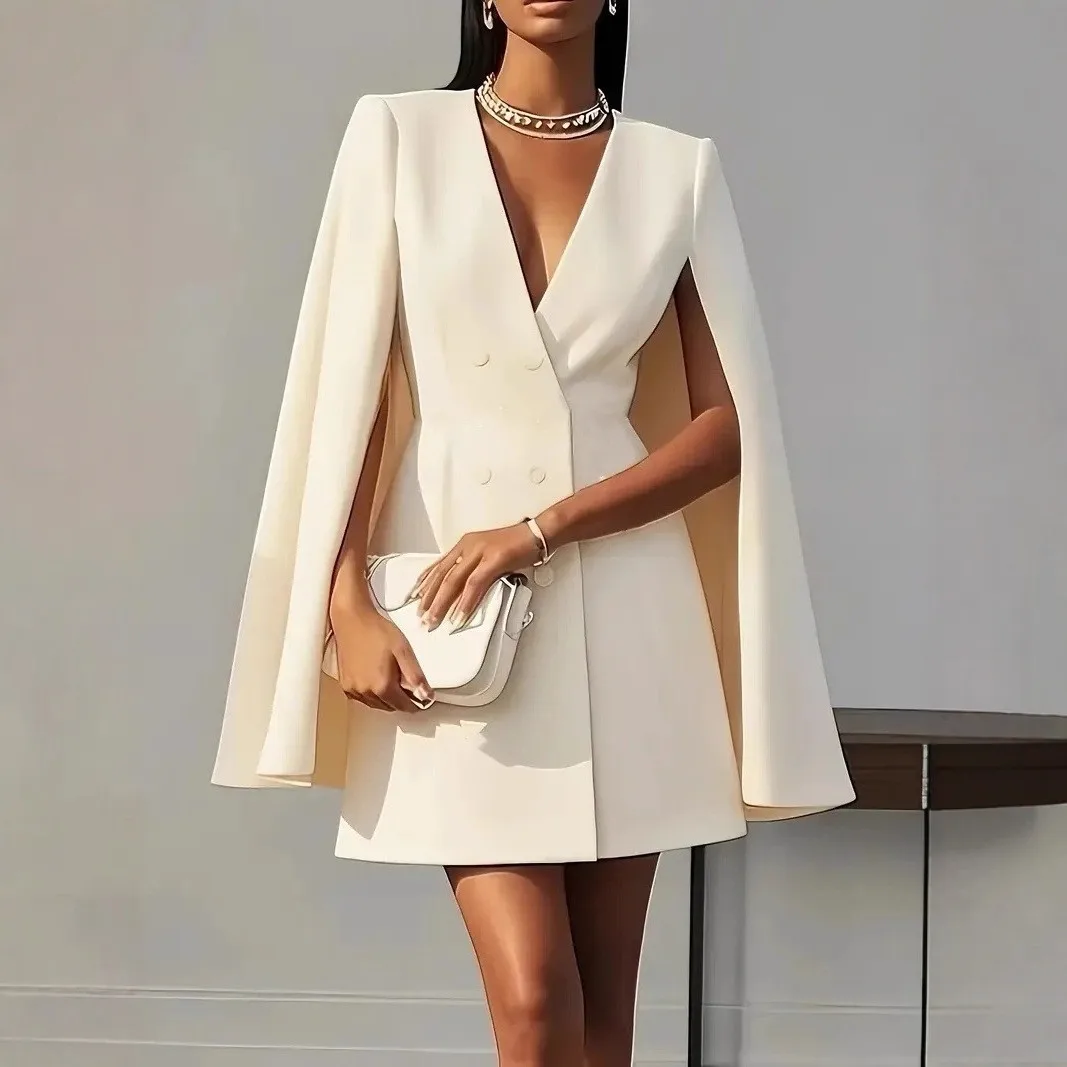 Black Short Dress V Neck Long Sleeve Solid Color Mini Length Double Breasted White A Line Silhouette Light Blue Structured Fit