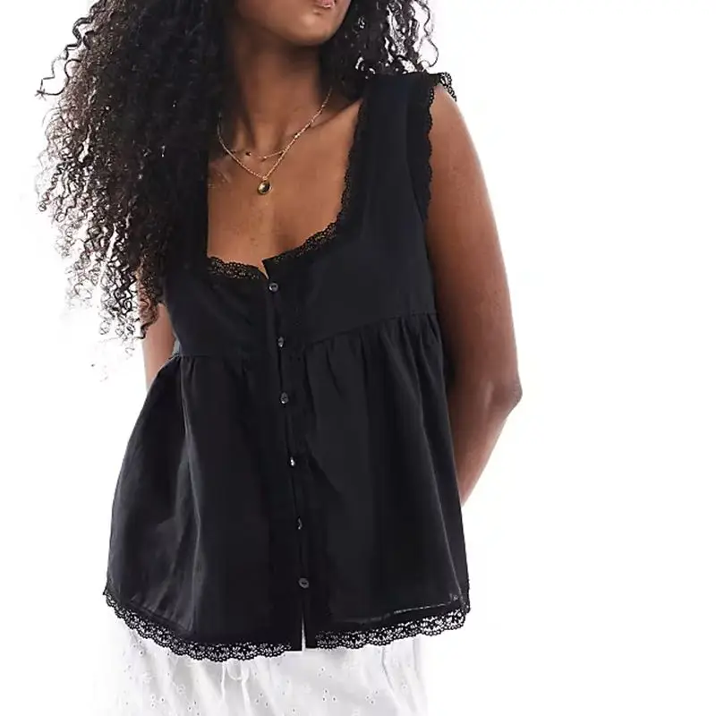 

Combhasaki Women Chic Crop Tank Tops Sleeveless Floral Lace Trim Square Neck Button Closure Babydoll Shirts Summer Streetwear