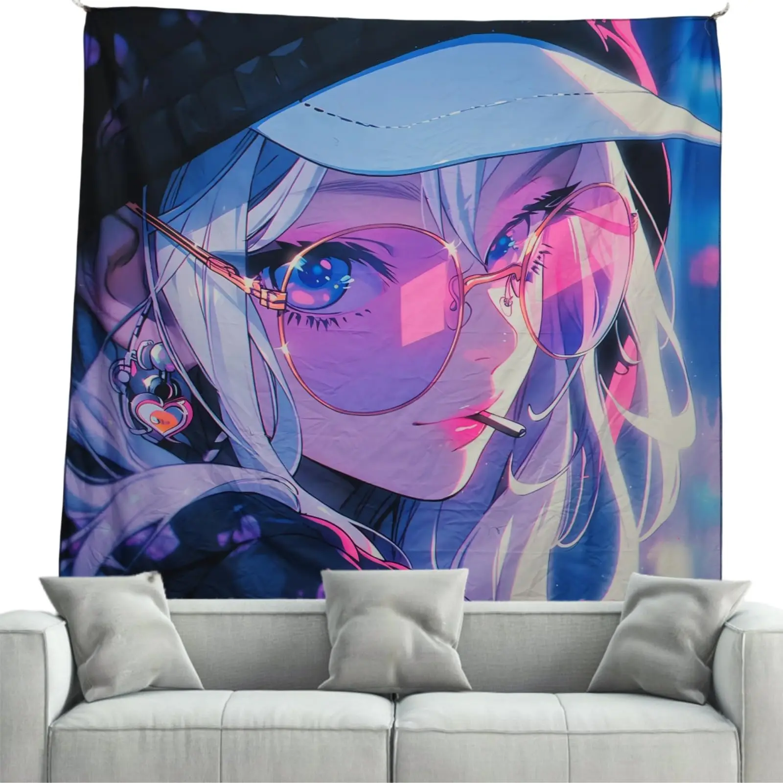 VIKAMA Cyberpunk Anime Wandteppich, neonviolettes Haar, Mädchen mit einer Zigarette, kühler Wind, Wohnzimmer, futuristische Trenddekoration