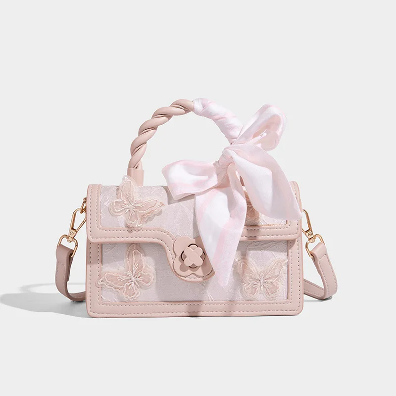 

2025 Spring/Summer New High-end Small Square Tote Bag Chinese Style Embroidered Women Handbags Female Bow Ribbons Messenger Bags