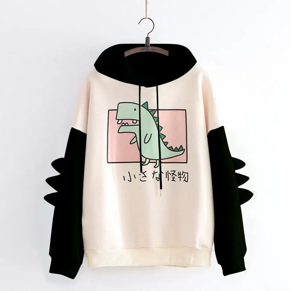 Duurzame Herfst Uitloper Dinosaurus Patroon Losse Trekkoord Capuchon Lange Mouw Nieuwigheid Sweatshirt