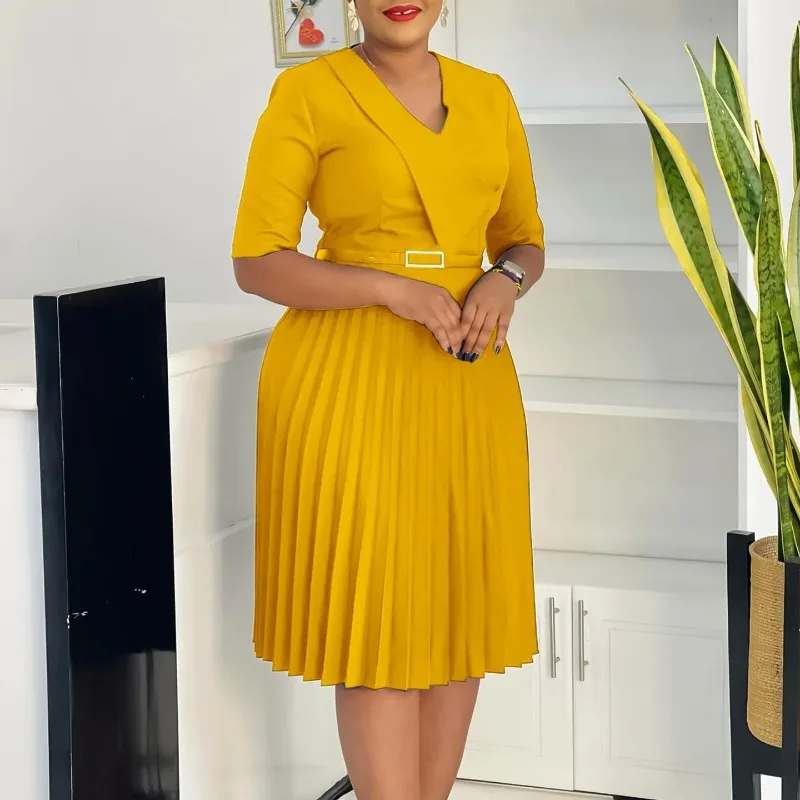 

2026 Solid V Neck Plus Size Pleated Dress Women Short Sleeve Large Big Dresses Summer Lady Party Tight Curvy Dress