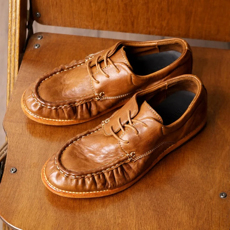 Handmade Pleated Full Grain Leather Casual Oxford Shoes Men's Washed Horseskin Commuting Business Genuine Leather Male Shoes