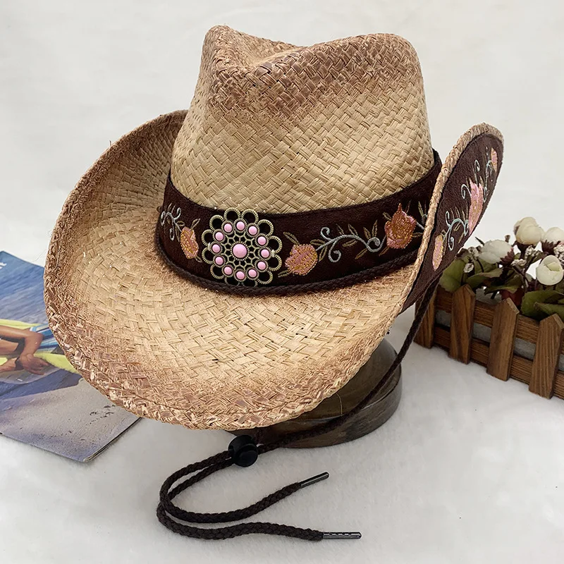 

Hot Sale European And American Raffia Hand-woven Holiday Sunshade Cowboy Hat Curling Embroidered Straw Hat