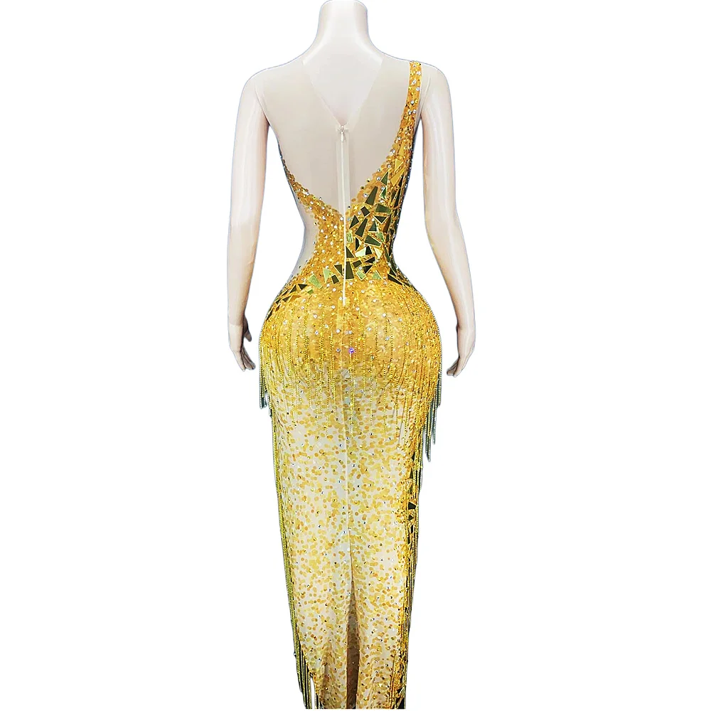 Costume de soirée sans manches en tissu doré brillant, strass miroir, paillettes, Costume de scène pour bal de promo, Jazz, danse latine