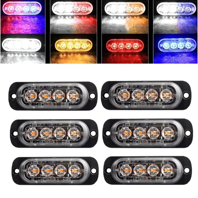 6PCS Grille Stroboscope Flashing Light 4LED Truck Side Strobe Lights Car Emergency Light Car Lighting 12V 24V for Truck
