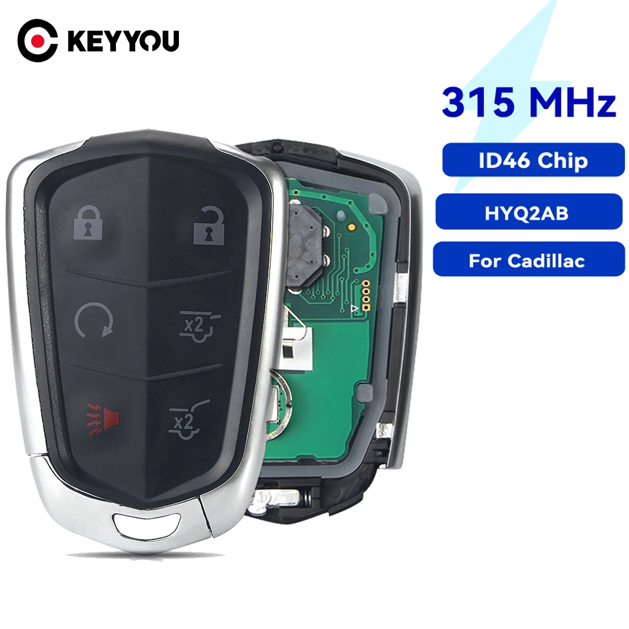 KEYYOU HYQ2AB ID46 Chip For 2015 2016 2017 2018 2019 2020 Cadillac Escalade Smart Prox Remote Key Fob 315Mhz 6 Buttons