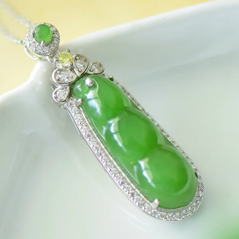 SGARIT Natural Hetian Green Jade S925 Silver Fortune Bean Pendant 13*41mm Luxury Setting Fine Texture with Silver Chain Jadeite