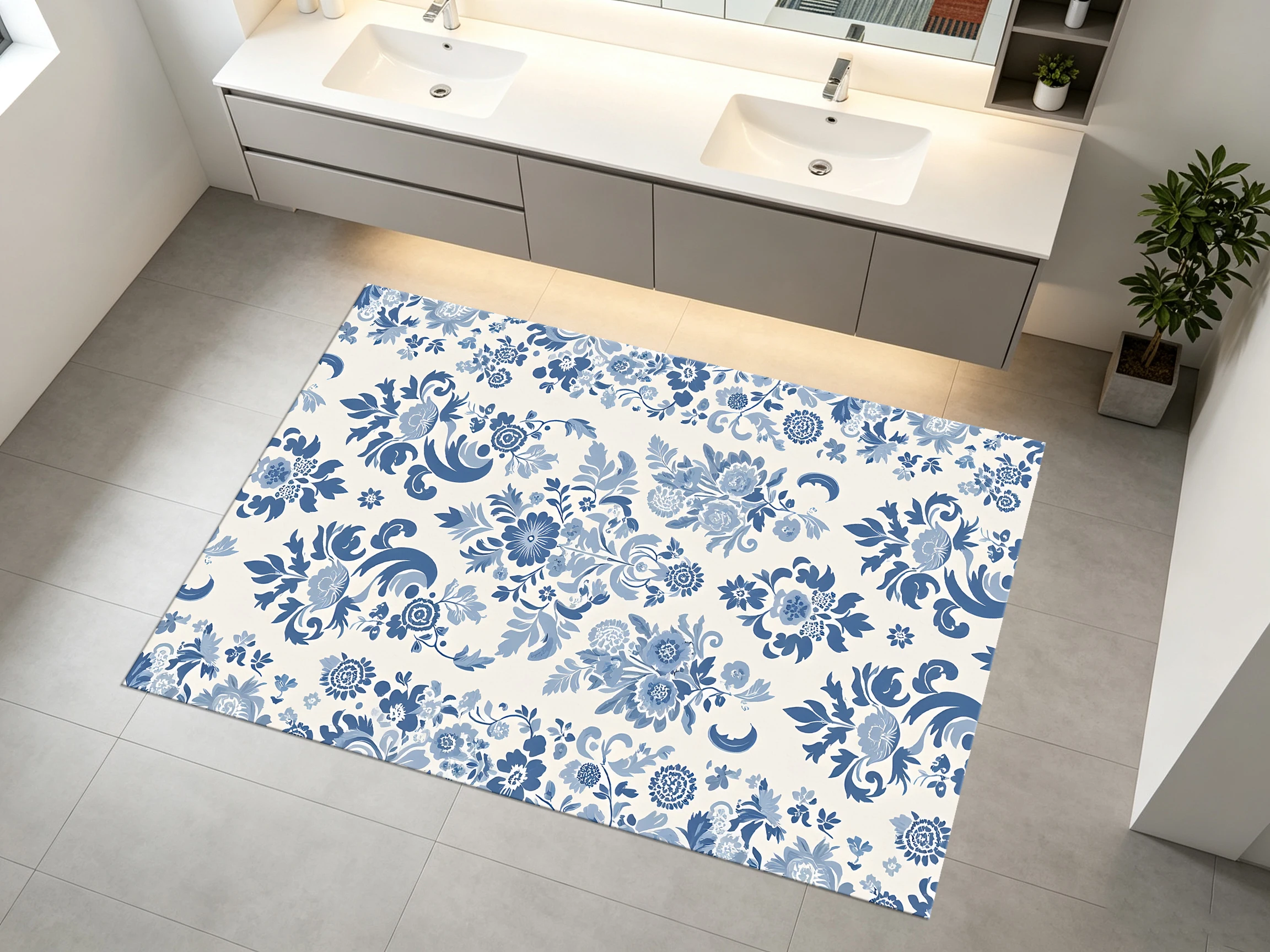 2D Large Rug, Off-White, Blue & White Floral Style, Retro & Soft Against the Skin, for Living Room & Bedroom, Enhancing