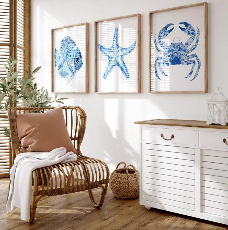 3pcs Summar Coastal Canvas Wall Art, Unframed Retro Discus Fish Starfish Crab Minimalist Posters for Living Room Wall Decorti