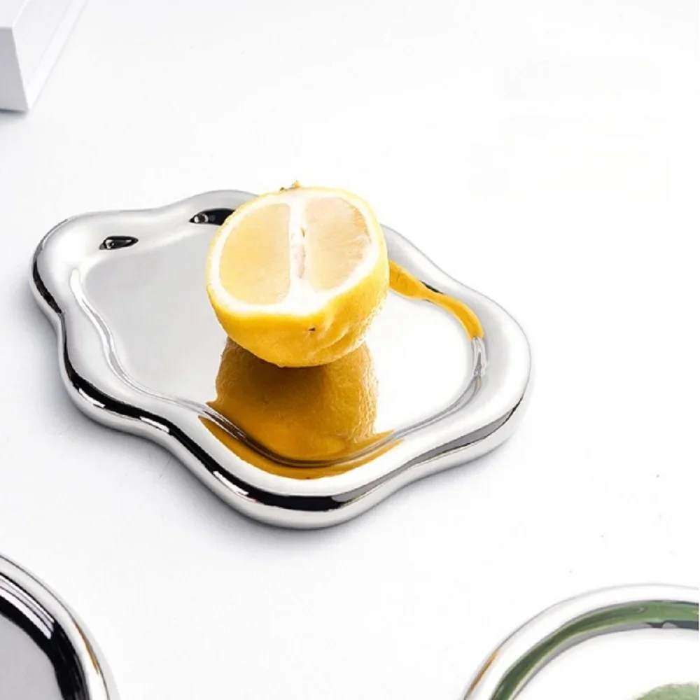 Ins Simple Storage Tray Silver Ceramic Jewelry Tray Decorative Tray Arrangement Creative Plating Jewellery Tray