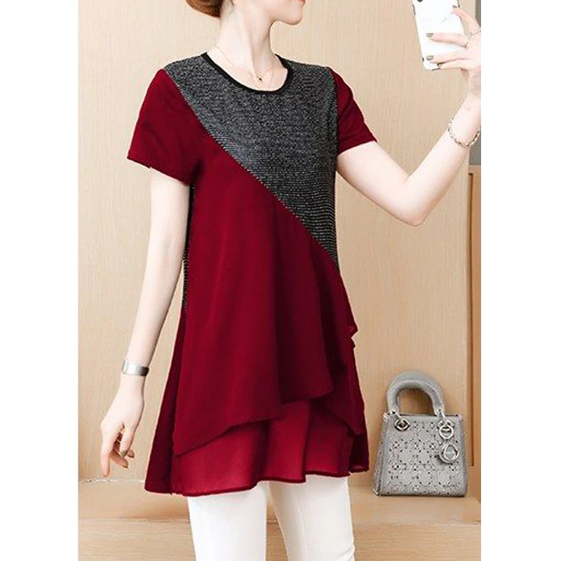 Elegant Asymmetrical Striped Patchwork Slim Tunic Top Female New Summer Fashion Round Neck Short Sleeve Shirts Blouses for Women