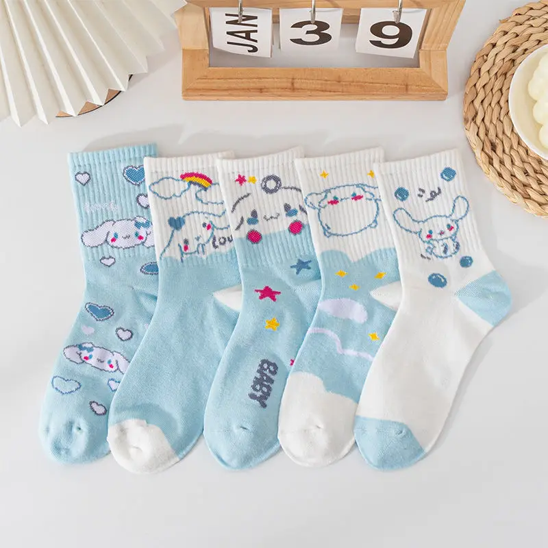 5 Pairs Cartoon Kawaii Cinnamoroll Kids Socks Anime Sanrio Tube Socks Student Socks Girls Socks Set Cotton Birthday Gift