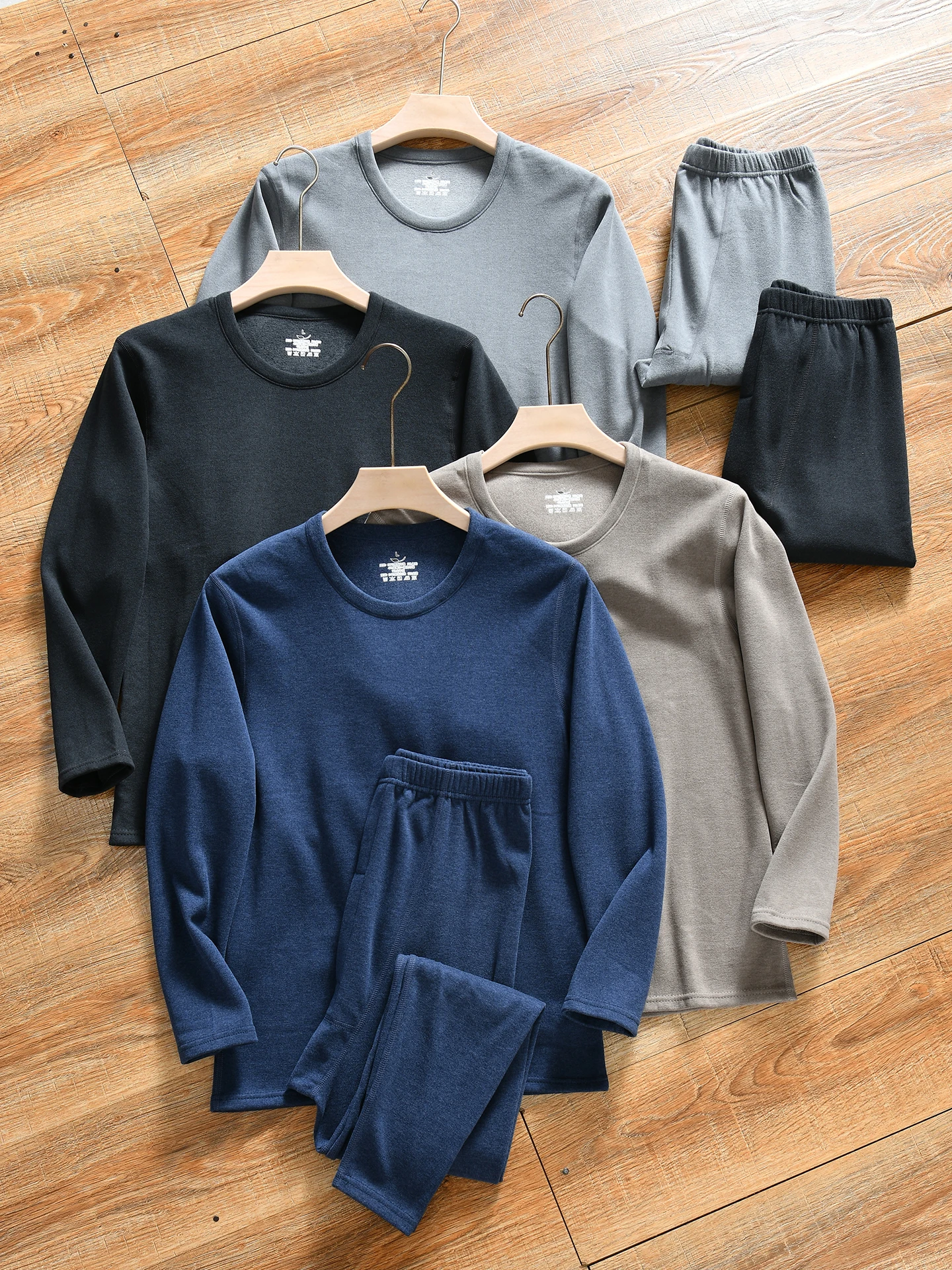 Men's Warmth Comfortable Breathable Soft Skins Mixed Fiber Commute Autumn Winter Set Trendy Long Sleeve round Neck Pure Color
