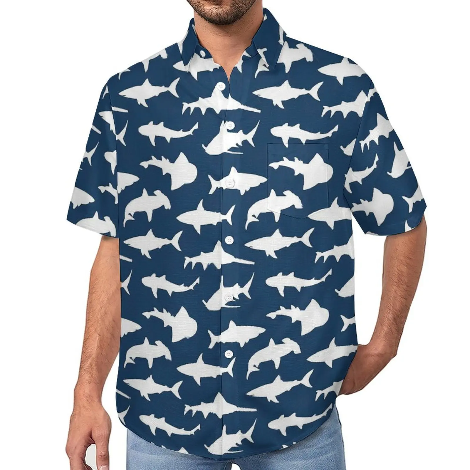 

Sharks on Navy Blue Casual Shirts Animal Print Vacation Shirt Hawaii Retro Blouses Man Custom 3XL 4XL